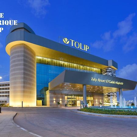 Tolip Resort El Galala Majestic Αΐν Σούχνα Εξωτερικό φωτογραφία The photo shows a modern hotel building named "Tolip Resort & Spa," featuring a sleek architectural design with large glass windows. The hotel is illuminated against a twilight sky, showcasing its prominent signage. In the foreground, there is a well